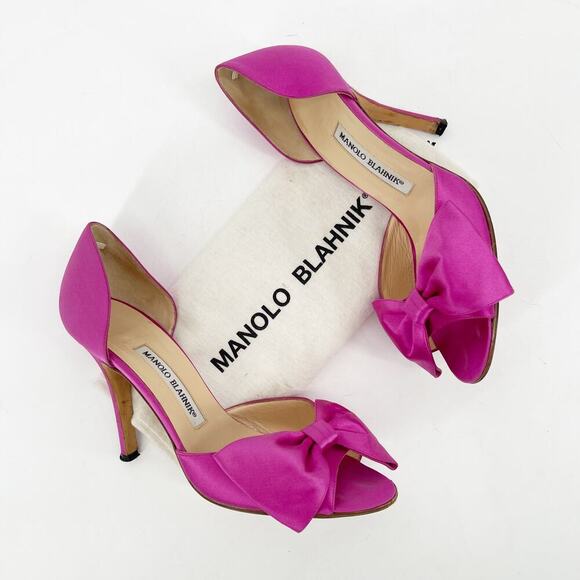 Manolo Blahnik Fuchsia Pink Silk Satin Bow Detail Peep Toe D'Orsay Pump IT 38 - Picture 1 of 14